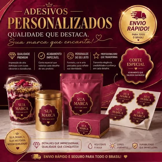 Pack com 250 Adesivos 5x5cm Personalizados Vinil à Prova D’Água Profissional Envio Rápido