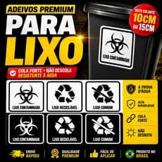 Kit 9 Adesivos para Lixeira 10CM OU 15CM Lixo Comum Contaminado e Recíclavel Preto ou Branco