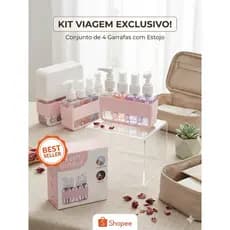 Kit Frascos de Viagem Porta Shampoo E Condicionador Borrifador Spray Organizador Portátil C/ Suporte 4 Em 1