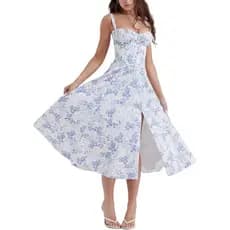 Branco e Azul - G - Vestido midi flor alça fina