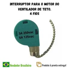 Interruptor 4 Fios p/ Ventilador de Teto - 3 Velocidades - Chave Com Corrente P/ Ventilador de Teto