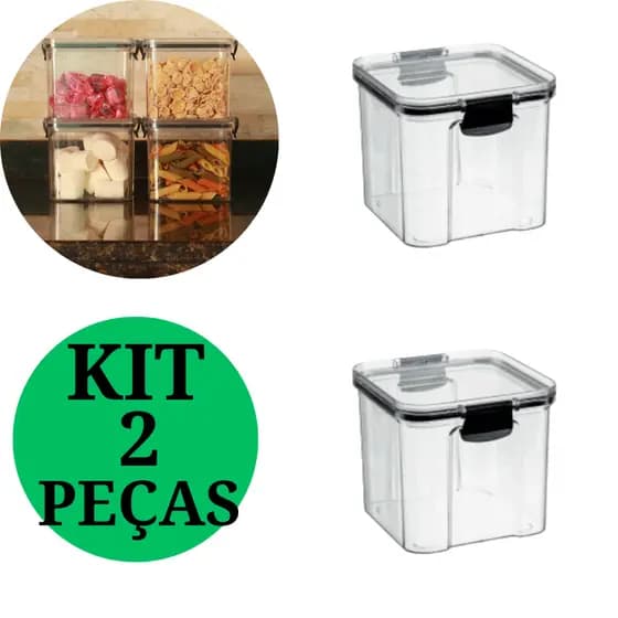 Kit 2 Potes Hermético Plástico Empilhável Quadrado Resistente 800 ML