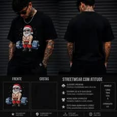 Camiseta Básica Algodão Unissex Papai Noel Levantando Peso Moda Natalina Natal Camisa 100% Algodão