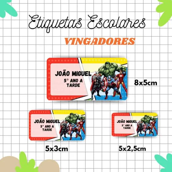 Kit Etiqueta Escolar Vingadores l Adesivos Escolar l Etiquetas Personalizadas l Material Escolar l Volta as Aulas