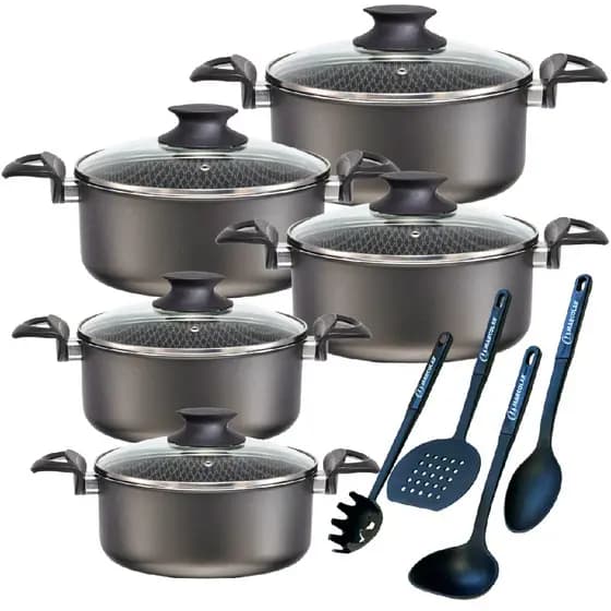 Jogo de Panelas Caçarola 9 peças Antiaderente Teflon 6 Camadas Grafite Kit