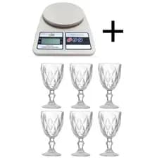 KIT 6 TAÇAS DIAMOND VIDRO 320ML TRANSPARENTE + 1 BALANÇA DE COZINHA 10KG DIGITAL 123ÚTIL