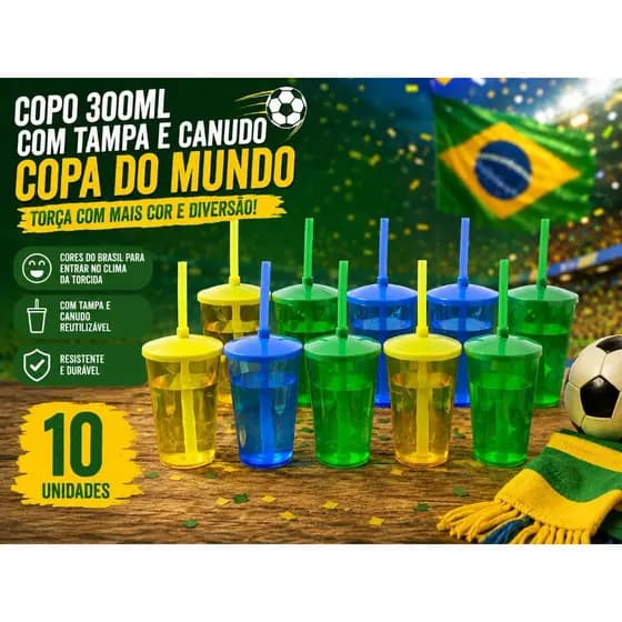 KIT 10 COPOS TWISTER CRISTAL 300ML COM TAMPA E CANUDO - EDIÇÃO TORCIDA COPA DO MUNDO BRASIL 🇧🇷