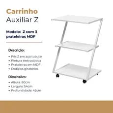 Carrinho Auxiliar Organizador Z Metálico 3 Prateleiras MDF salão clinica cabelereiro estética multiuso
