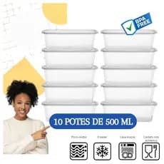 Kit 10 Potes Transparentes 500ml Reutilizável Com Tampa Marmita Fitness Organizador Alimentos Freezer Microondas Organização e Praticidade Para Sua Cozinha