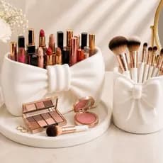 Kit Organizador Laço para Maquiagem e Pincéis | Decoração Elegante para Penteadeira