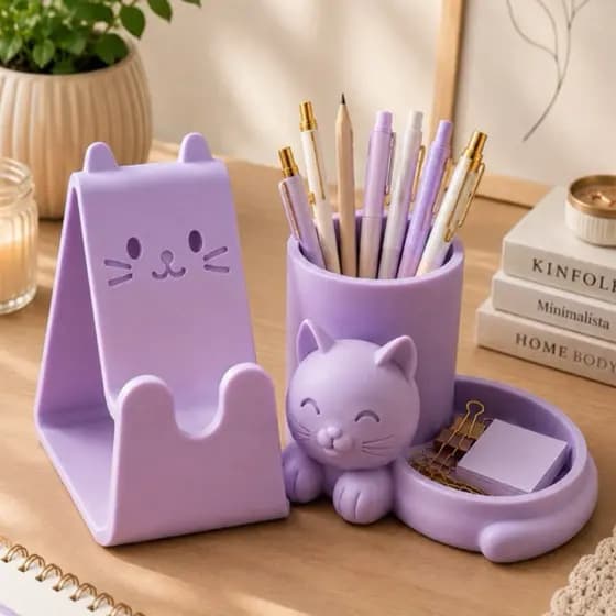 Kit Organizador Gatinho Porta Canetas + Suporte Celular Decorativo Premium