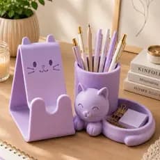 Kit Organizador Gatinho Porta Canetas + Suporte Celular Decorativo Premium