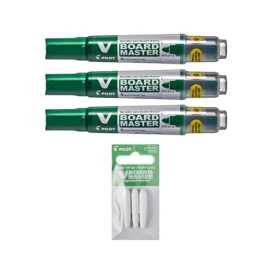 Kit 3 Marcadores Pilot Quadro Branco + Refil Ponteiras