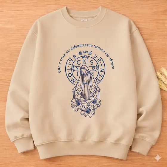 Moletom Careca Unissex Blusa de Frio Cristã Nossa Senhora Estampada Medalha São Bento Religiosa Católica Envio Imediato
