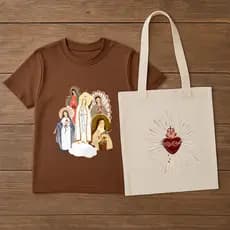 Kit Camiseta Unissex Nossa Senhora Santinhas Bolsa Ecobag Sagrado Coração Moda Catolica Lançamento