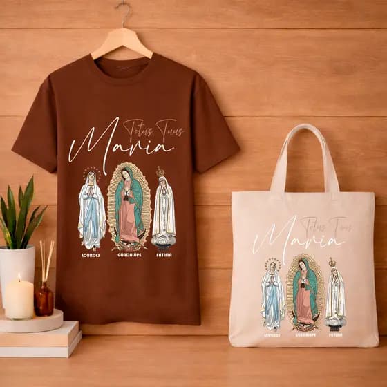 Kit Camiseta T-Shist Unissex Totus Maria Santas Bolsa Ecobag  Sacola Moda Catolica Lançamento