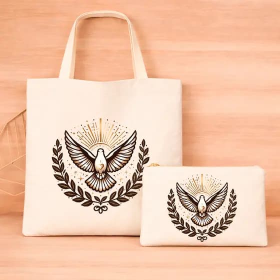 Kit Bolsa de Algodão com Alça E Necessaire Estampada Espirito Santo Eco Bag Catolica Sacola Sustentável Lançamento