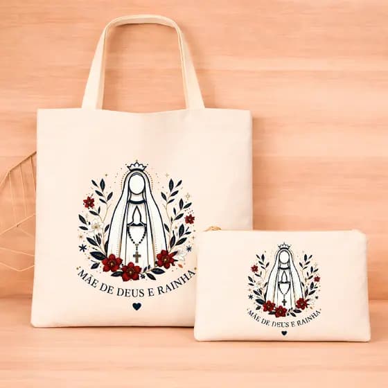 Kit Bolsa de Algodão com Alça E Necessaire Estampada Nossa Senhora  Eco Bag Catolica Sacola Sustentável Lançamento