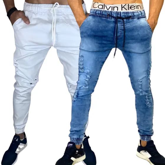 Kit 2 Calças Jogger Masculina Jeans e Sarja Rasgada e lisa Com Punho Elastico e cordão de ajuste