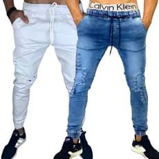 Kit 2 Calças Jogger Masculina Jeans e Sarja Rasgada e lisa Com Punho Elastico e cordão de ajuste