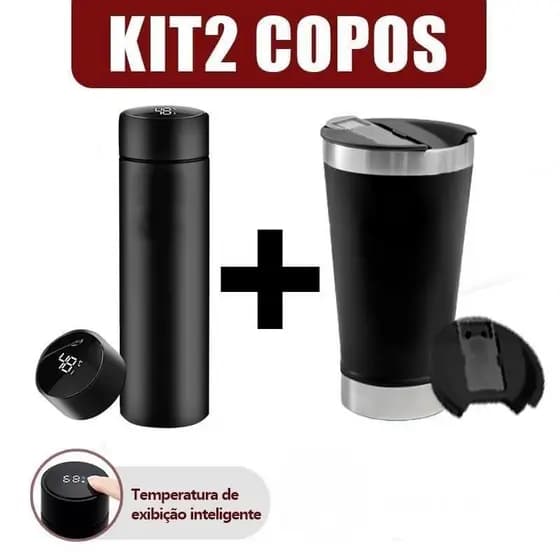 KIt 2 Copo térmico com Tampa e Abridor  Garrafa térmica com medidor de temperatura Led