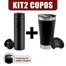 KIt 2 Copo térmico com Tampa e Abridor  Garrafa térmica com medidor de temperatura Led