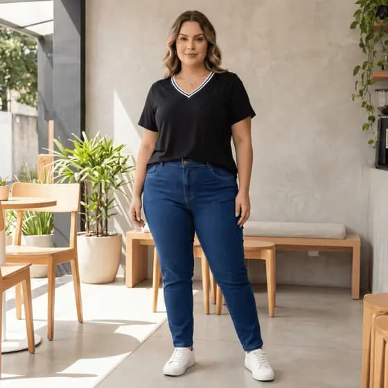 Blusinha Feminina Plus Size Gola V Blusa Básica Soltinha Camiseta Com Manga Viscolycra Confortável