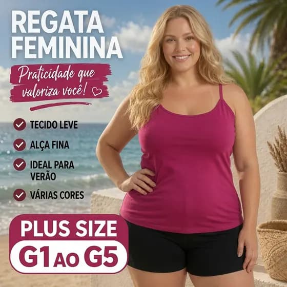 Regata Plus Size Feminina Básica Alça Fina Praia Soltinha Leve Confortável Viscolycra Dia Dia Verão