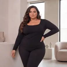 Blusa Feminina Plus Size Suplex Manga Longa Decote Quadrado Confortável Academia Proteção UV M ao G1