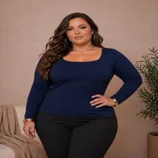 Blusa Feminina Plus Size Suplex  Manga Longa Decote Quadrado Confortável M ao G1