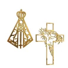Kit Cruz de Jesus e Nossa Senhora Decoração Católico De Parede Acrílico Espelhado Decorativo