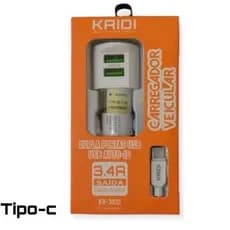 Carregador de Carro kaidi 3.4a Duplo USB Portas Com Cabo Tipo-C