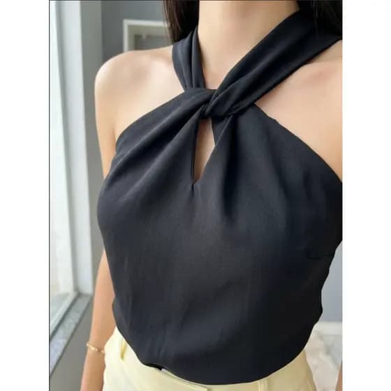 Blusa Feminina Plus Size Nó Gola Transpassada Regata Tecido Duna Moda Blogueira Tendencia P ao G4