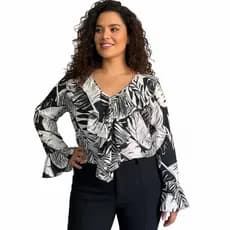 Blusa feminina casual Estampado manga longa com decote babado  PLUS SIZE P.M AO G1,G2