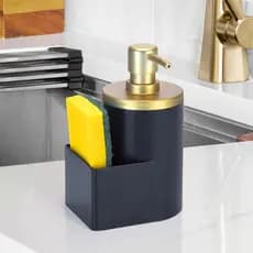 Porta Detergente com Suporte para Bucha 600ml Preto e Dourado Fosco