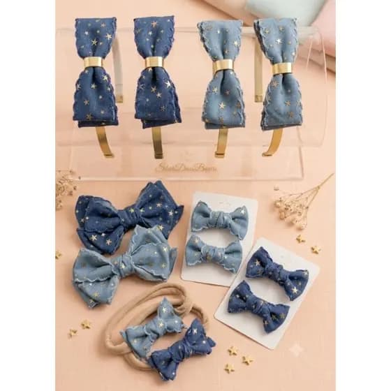 Laço jeans infantil. Faixinha jeans bebê