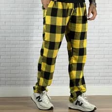 Calça Xadrez Masculina Preta com Branco Boca Reta