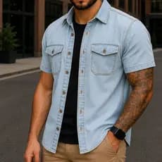 Camisa Jeans Masculina Manga Curta Botões Social Slim Fit