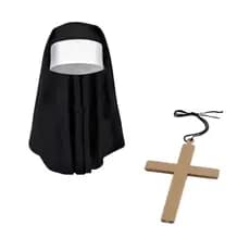 Kit C/ Veu E Crucifixo Fantasia De Freira Halloween Fantasia