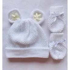 Touca/ Gorro, Orelhinha urso Em Tricô Linho Bebê COM LUVAS