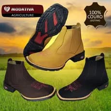 Botina Country Feminina Texana Couro Nobuck Legitimo Cano Médio Western Marrom Amarela e Preta