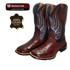 Bota Texana Country Cano Alto Couro Legítimo Pinhão Avestruz
