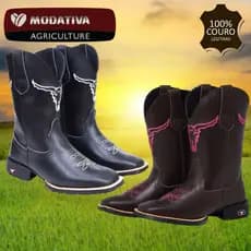 Bota Country Feminina Masculina Texana Couro Cano Longo Rodeio Vaquejada Bico Quadrado Marrom Preta
