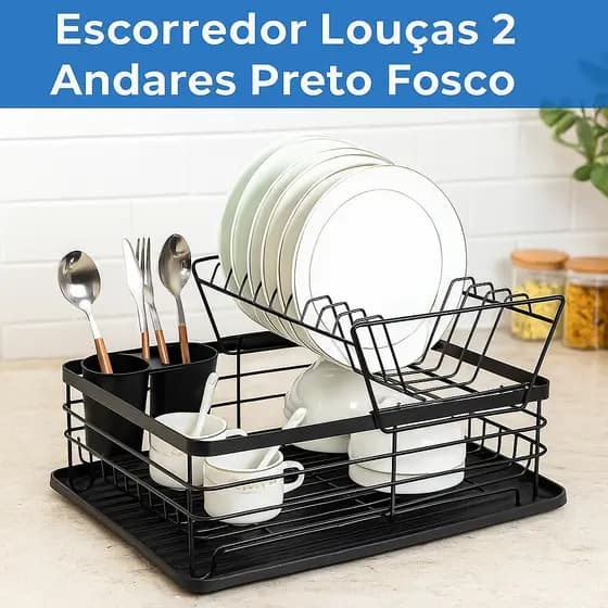 Escorredor de Louças 2 Andares com Porta Talheres Preto Fosco