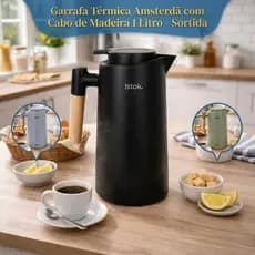 Garrafa Termica Isolamento 1 Litro Amsterdã Jarra com Ampola de Vidro Cabo Madeira Cafe Cha Sortida