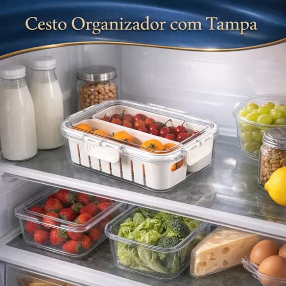 Cesto Organizador com Tampa Plástico Transparente Geladeira Multiuso