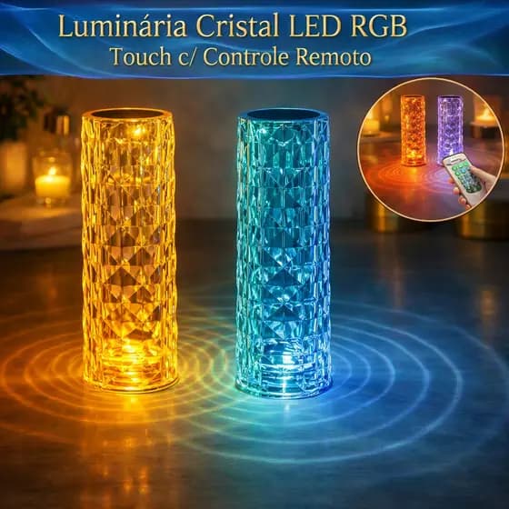 Luminária Abajur Cristal LED Mesa Touch RGB Colorida Controle Remoto USB 21cm Decorativa Luz 360°
