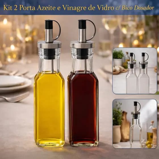 Kit 2 Porta Azeite e Vinagre 250ml Vidro Transparente com Bico Dosador e Tampa Molho Galheteiro