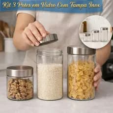Kit 3 Potes de Vidro Tampa Inox Armazenamento de Alimentos 870ml 1260ml 2130ml Cozinha Organizador