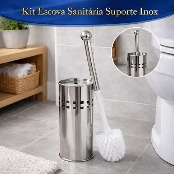 Kit Escova Sanitária Suporte Inox Moderno Resistente Limpeza Banheiro Organizador